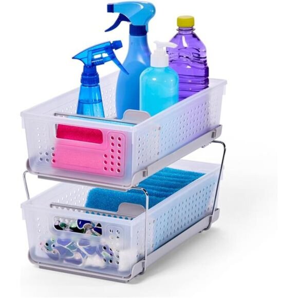 2 Tier Slide Out Storage Organizer Baskets with Handles for Bathroom Kitchen - Picture 3 of 7